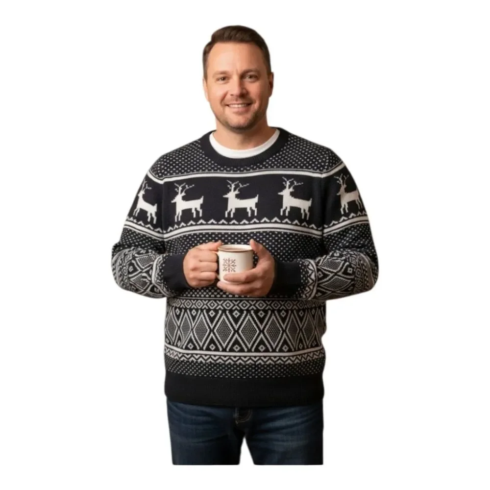 Old Navy Sweater Holiday Reindeer Fair Isle Cotton Blend Black White size XXL